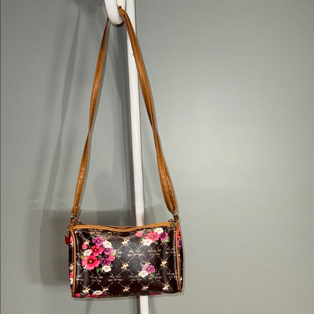 Beverly Hills Polo Club Brown, Pink Floral Shoulder Bag , Strawberry Key charm - Picture 3 of 11